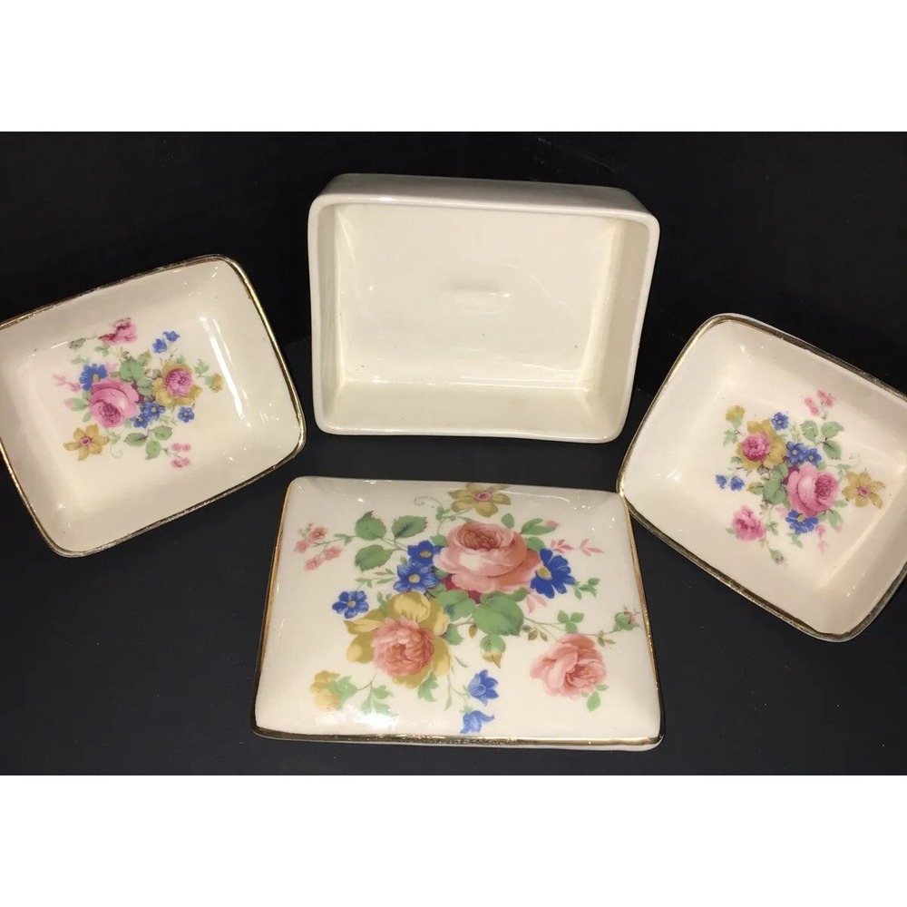 Antique Set of 3 Hand painted Cigarette Trinket Vanity Box and 2 Small Trays